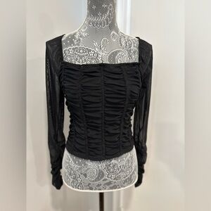 Jolie and Joy Women Sz:L Cropped Ruched Black Bodice Stretch Sheer Mesh Sleeves.